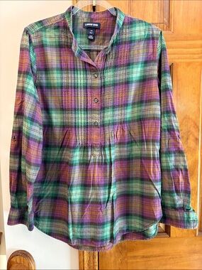 Lands' End Green & Purple Plaid Band-Collar Tunic